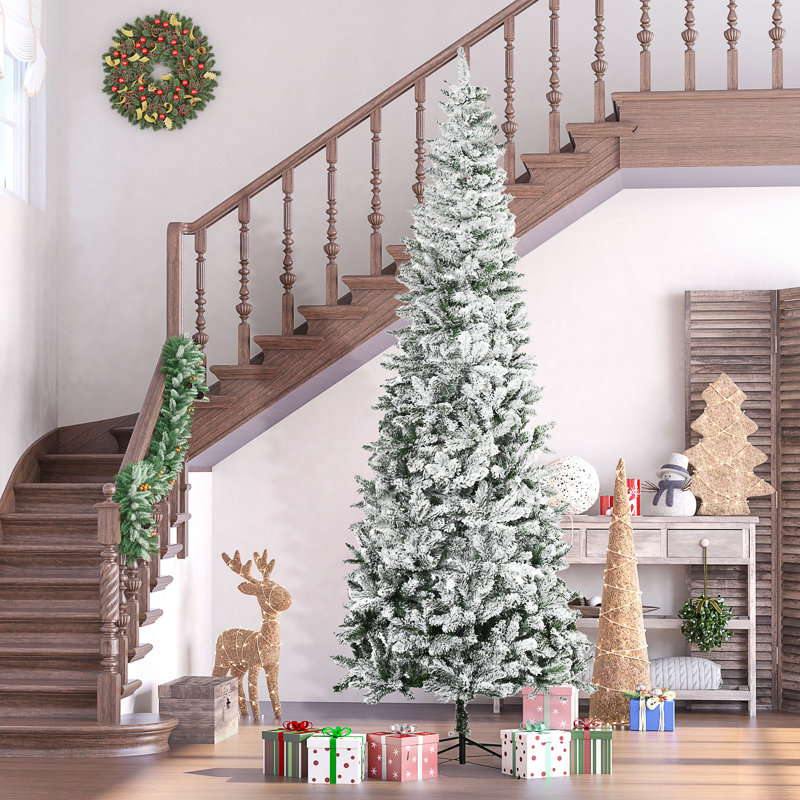 The Holiday Aisle 9ft Christmas Seasonal Artificial Snow flocked Christmas Tree Snow Pine with Steel Base for Holiday Decor Wayfair